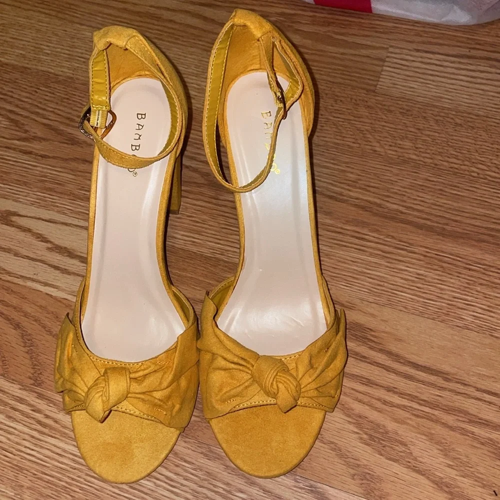 BAMBOO Mustard Yellow Heels with Bow Accent - Picture 3 of 15